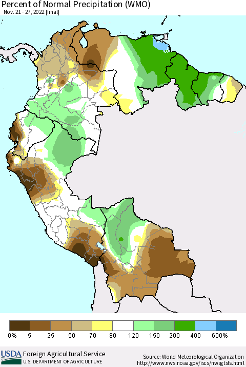Northern South America Percent of Normal Precipitation (WMO) Thematic Map For 11/21/2022 - 11/27/2022
