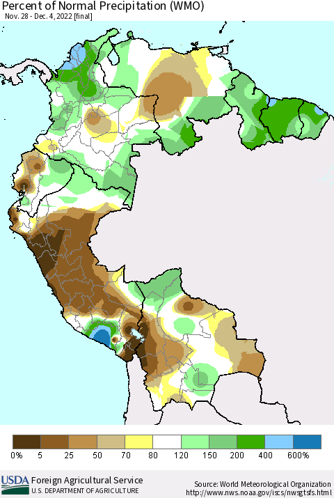 Northern South America Percent of Normal Precipitation (WMO) Thematic Map For 11/28/2022 - 12/4/2022