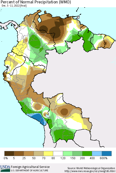 Northern South America Percent of Normal Precipitation (WMO) Thematic Map For 12/5/2022 - 12/11/2022