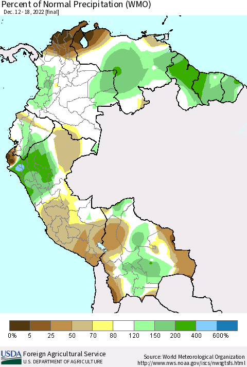 Northern South America Percent of Normal Precipitation (WMO) Thematic Map For 12/12/2022 - 12/18/2022