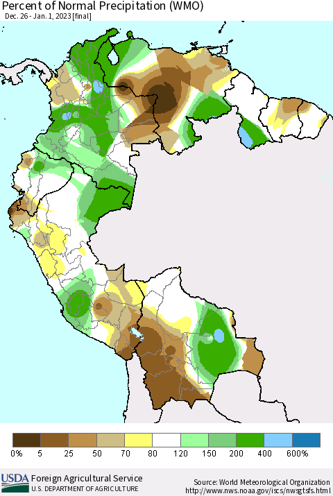 Northern South America Percent of Normal Precipitation (WMO) Thematic Map For 12/26/2022 - 1/1/2023