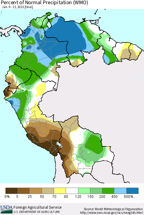 Northern South America Percent of Normal Precipitation (WMO) Thematic Map For 1/9/2023 - 1/15/2023
