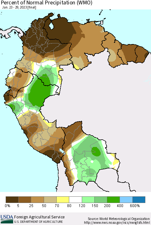 Northern South America Percent of Normal Precipitation (WMO) Thematic Map For 1/23/2023 - 1/29/2023