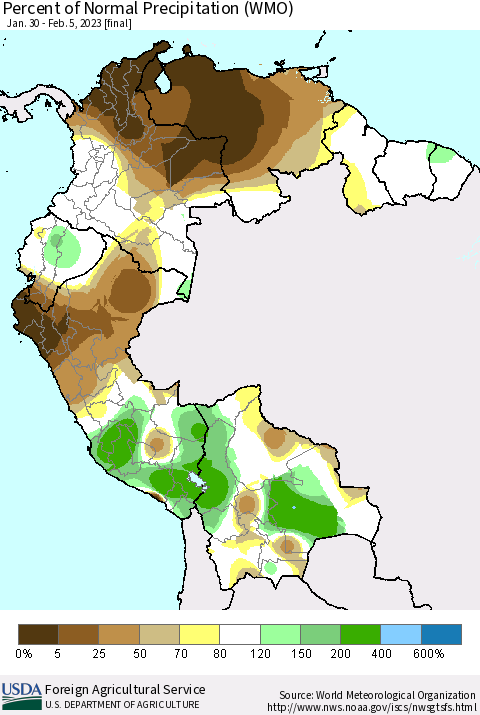 Northern South America Percent of Normal Precipitation (WMO) Thematic Map For 1/30/2023 - 2/5/2023