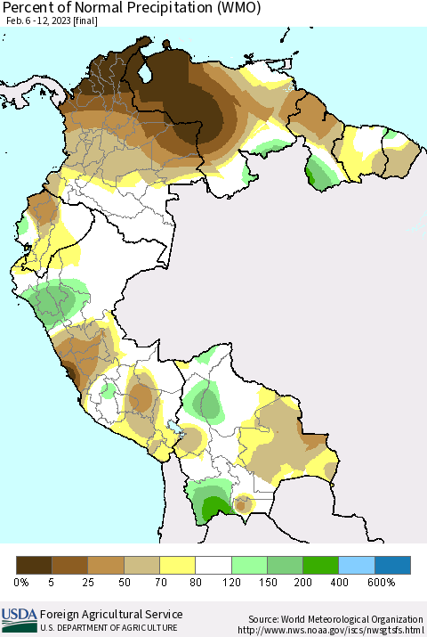 Northern South America Percent of Normal Precipitation (WMO) Thematic Map For 2/6/2023 - 2/12/2023