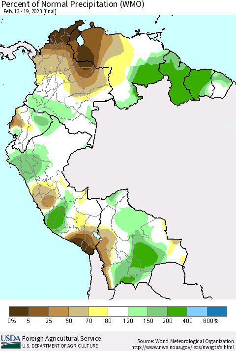Northern South America Percent of Normal Precipitation (WMO) Thematic Map For 2/13/2023 - 2/19/2023