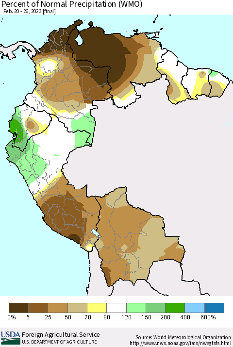 Northern South America Percent of Normal Precipitation (WMO) Thematic Map For 2/20/2023 - 2/26/2023