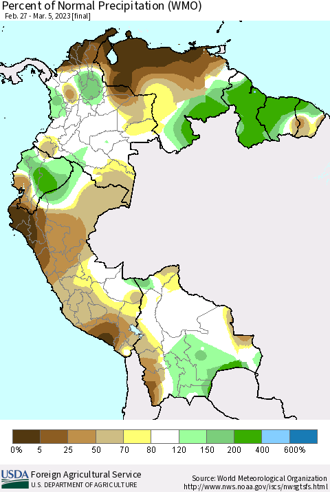 Northern South America Percent of Normal Precipitation (WMO) Thematic Map For 2/27/2023 - 3/5/2023
