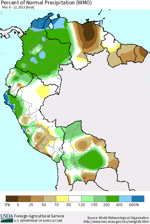 Northern South America Percent of Normal Precipitation (WMO) Thematic Map For 3/6/2023 - 3/12/2023