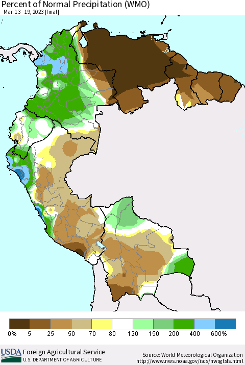 Northern South America Percent of Normal Precipitation (WMO) Thematic Map For 3/13/2023 - 3/19/2023