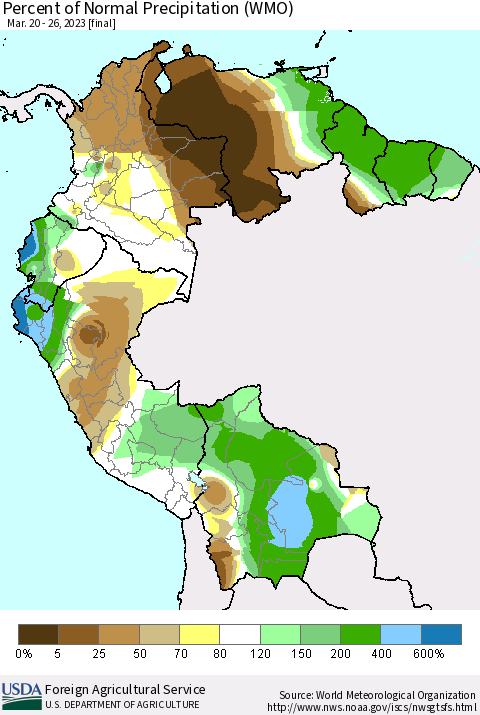 Northern South America Percent of Normal Precipitation (WMO) Thematic Map For 3/20/2023 - 3/26/2023