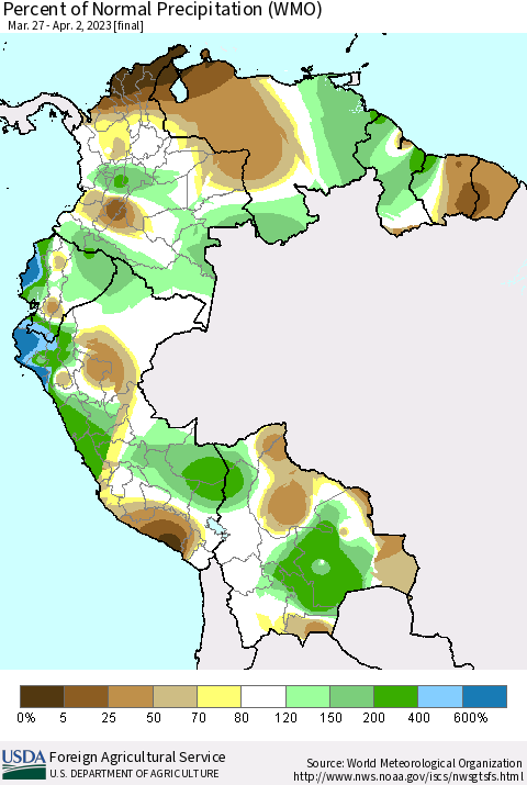Northern South America Percent of Normal Precipitation (WMO) Thematic Map For 3/27/2023 - 4/2/2023