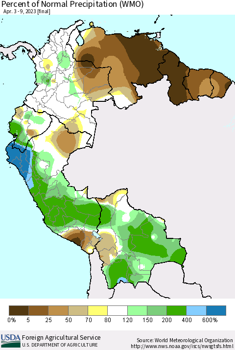 Northern South America Percent of Normal Precipitation (WMO) Thematic Map For 4/3/2023 - 4/9/2023