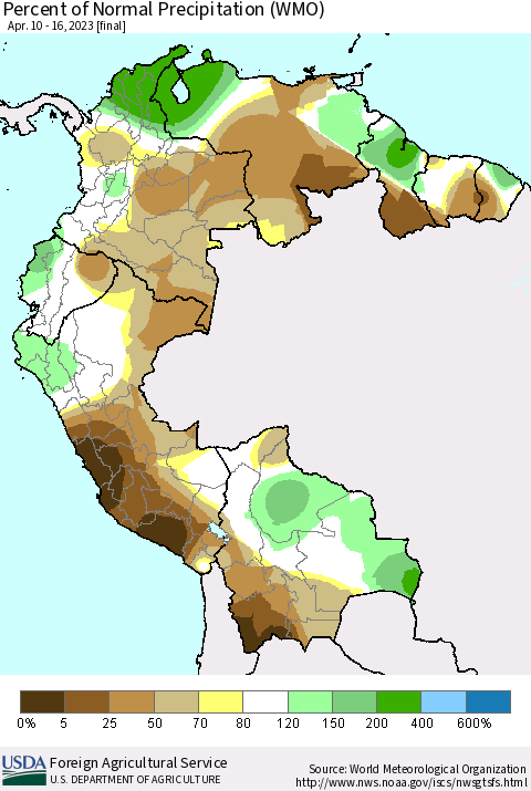 Northern South America Percent of Normal Precipitation (WMO) Thematic Map For 4/10/2023 - 4/16/2023