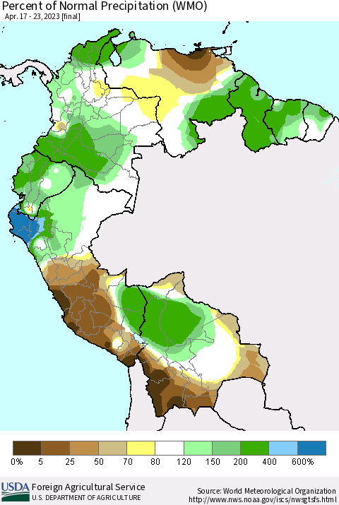 Northern South America Percent of Normal Precipitation (WMO) Thematic Map For 4/17/2023 - 4/23/2023