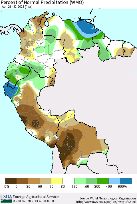 Northern South America Percent of Normal Precipitation (WMO) Thematic Map For 4/24/2023 - 4/30/2023