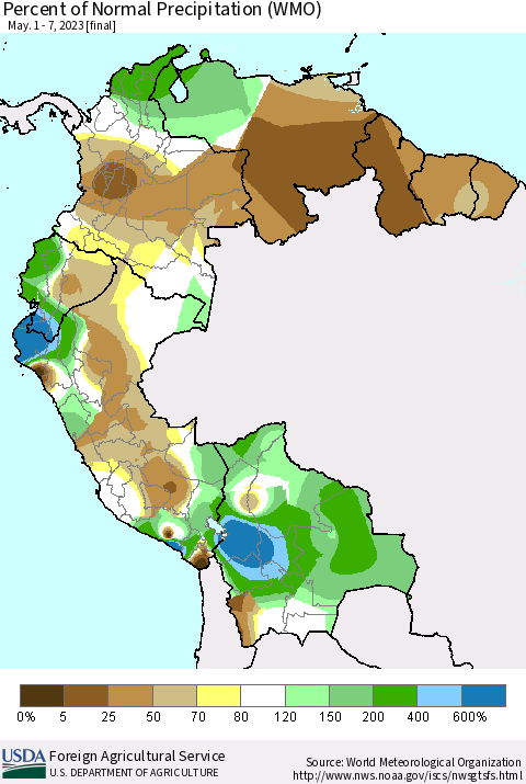 Northern South America Percent of Normal Precipitation (WMO) Thematic Map For 5/1/2023 - 5/7/2023