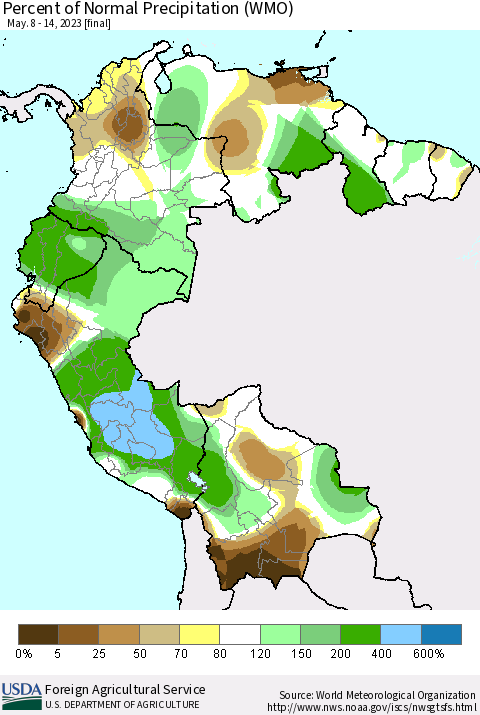 Northern South America Percent of Normal Precipitation (WMO) Thematic Map For 5/8/2023 - 5/14/2023