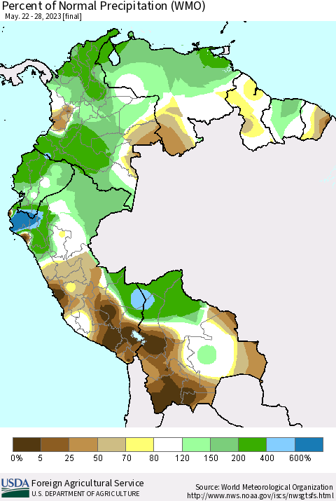 Northern South America Percent of Normal Precipitation (WMO) Thematic Map For 5/22/2023 - 5/28/2023