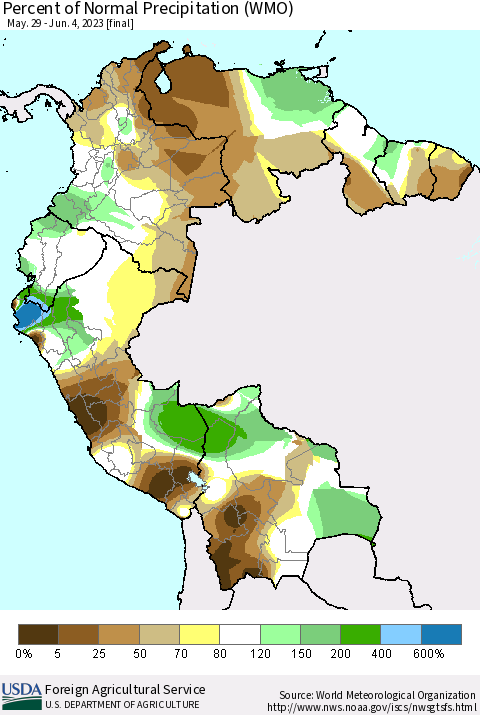 Northern South America Percent of Normal Precipitation (WMO) Thematic Map For 5/29/2023 - 6/4/2023
