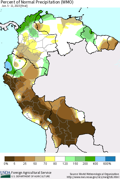 Northern South America Percent of Normal Precipitation (WMO) Thematic Map For 6/5/2023 - 6/11/2023