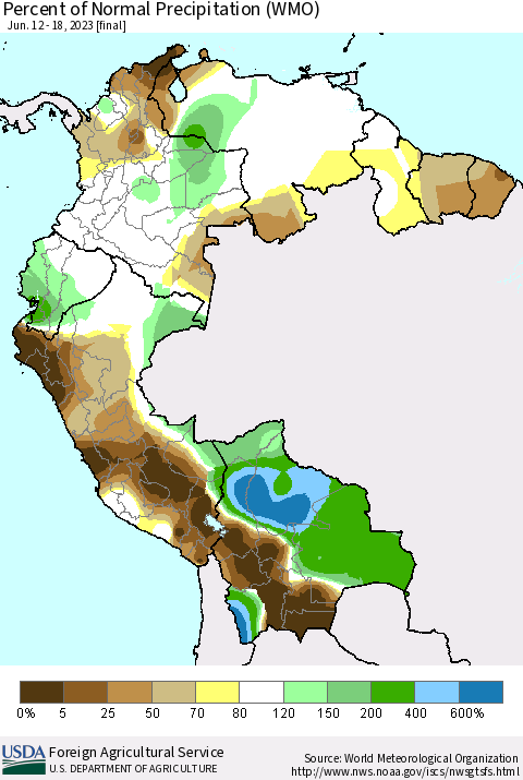 Northern South America Percent of Normal Precipitation (WMO) Thematic Map For 6/12/2023 - 6/18/2023
