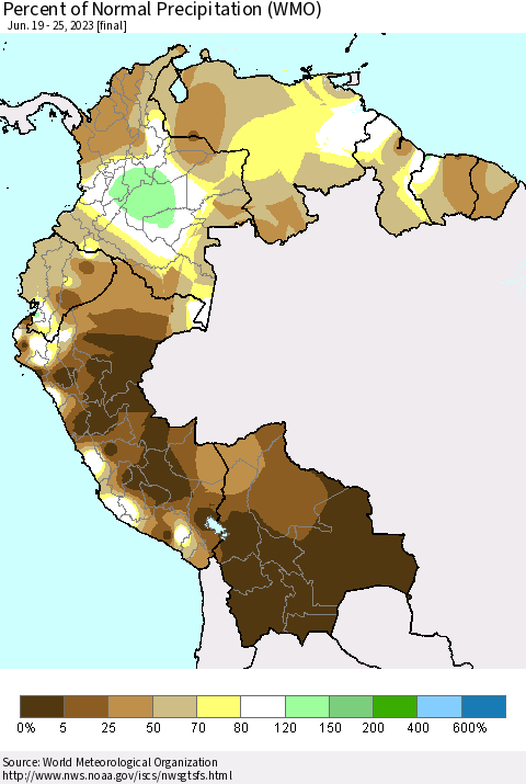Northern South America Percent of Normal Precipitation (WMO) Thematic Map For 6/19/2023 - 6/25/2023