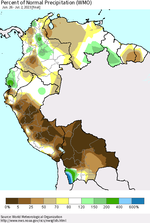 Northern South America Percent of Normal Precipitation (WMO) Thematic Map For 6/26/2023 - 7/2/2023