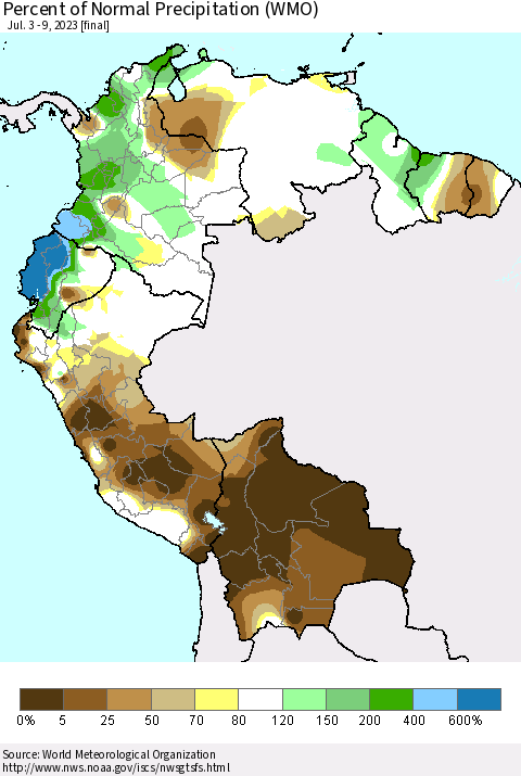 Northern South America Percent of Normal Precipitation (WMO) Thematic Map For 7/3/2023 - 7/9/2023