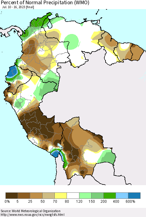 Northern South America Percent of Normal Precipitation (WMO) Thematic Map For 7/10/2023 - 7/16/2023