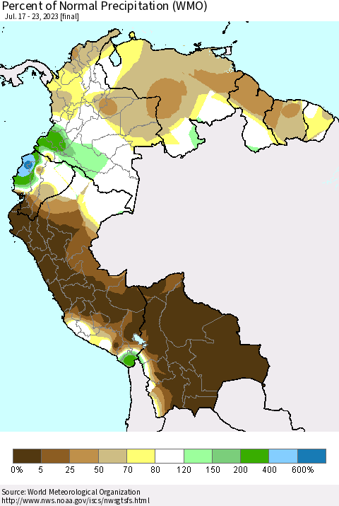 Northern South America Percent of Normal Precipitation (WMO) Thematic Map For 7/17/2023 - 7/23/2023