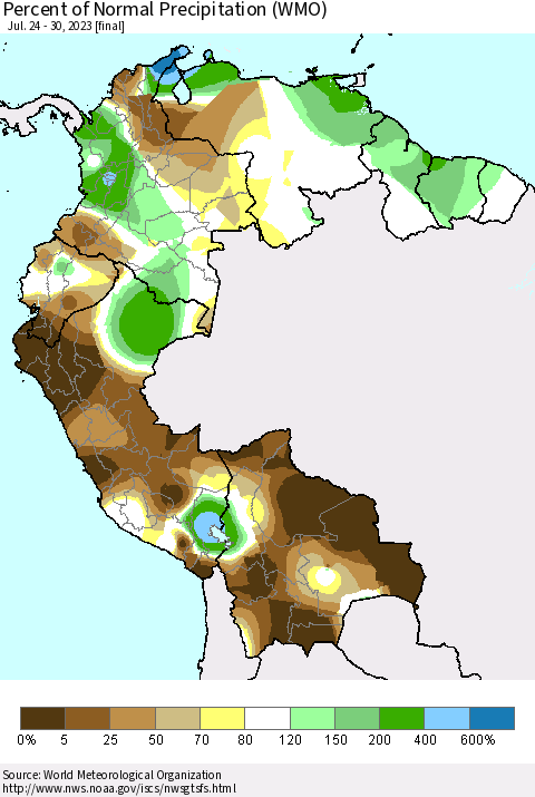 Northern South America Percent of Normal Precipitation (WMO) Thematic Map For 7/24/2023 - 7/30/2023
