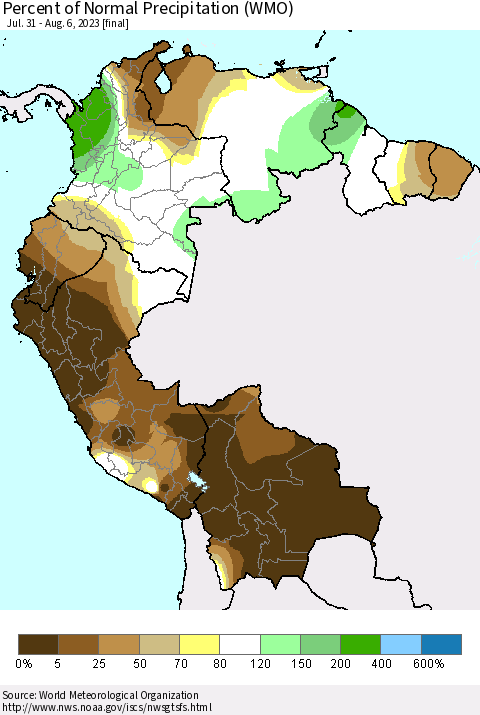 Northern South America Percent of Normal Precipitation (WMO) Thematic Map For 7/31/2023 - 8/6/2023
