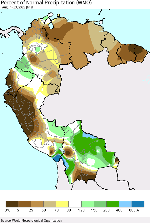 Northern South America Percent of Normal Precipitation (WMO) Thematic Map For 8/7/2023 - 8/13/2023