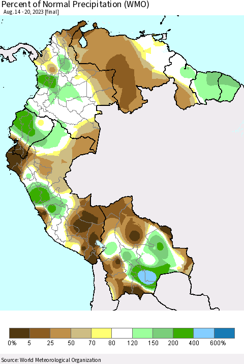 Northern South America Percent of Normal Precipitation (WMO) Thematic Map For 8/14/2023 - 8/20/2023