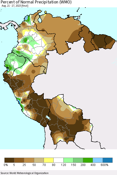 Northern South America Percent of Normal Precipitation (WMO) Thematic Map For 8/21/2023 - 8/27/2023
