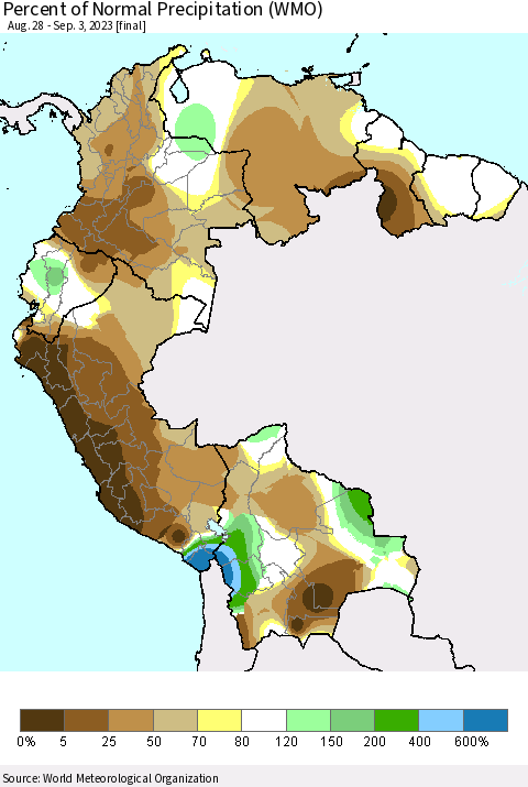 Northern South America Percent of Normal Precipitation (WMO) Thematic Map For 8/28/2023 - 9/3/2023