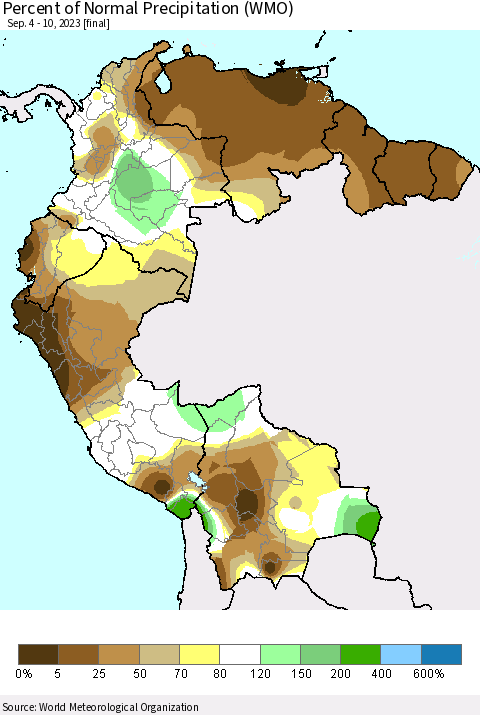 Northern South America Percent of Normal Precipitation (WMO) Thematic Map For 9/4/2023 - 9/10/2023