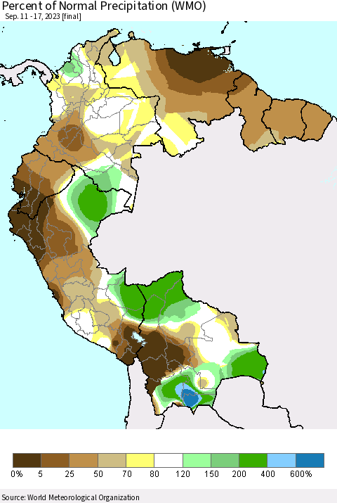 Northern South America Percent of Normal Precipitation (WMO) Thematic Map For 9/11/2023 - 9/17/2023