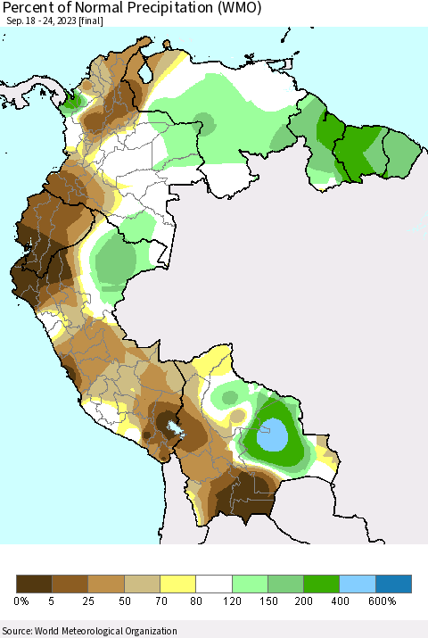 Northern South America Percent of Normal Precipitation (WMO) Thematic Map For 9/18/2023 - 9/24/2023