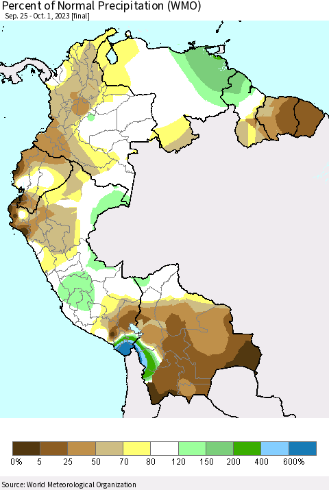 Northern South America Percent of Normal Precipitation (WMO) Thematic Map For 9/25/2023 - 10/1/2023