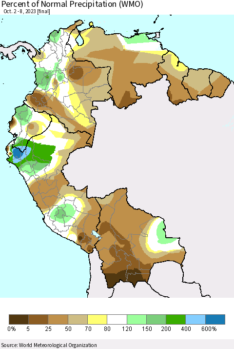 Northern South America Percent of Normal Precipitation (WMO) Thematic Map For 10/2/2023 - 10/8/2023