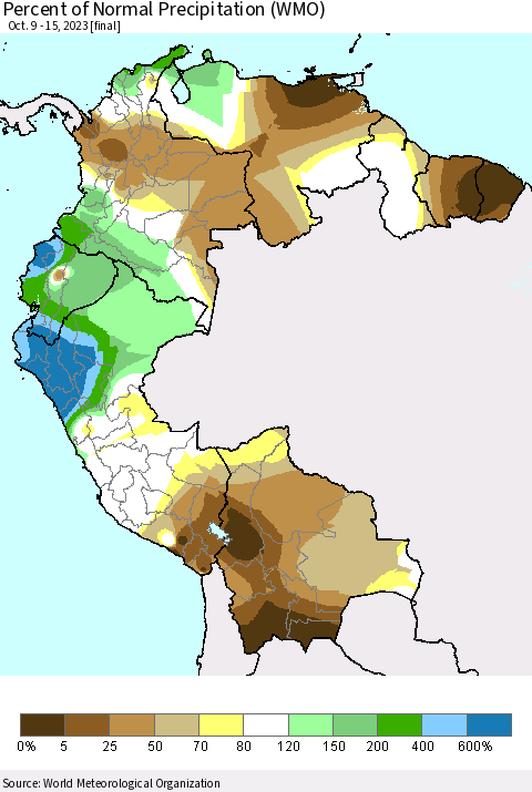 Northern South America Percent of Normal Precipitation (WMO) Thematic Map For 10/9/2023 - 10/15/2023