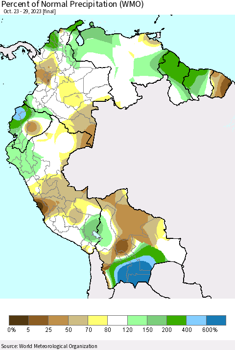 Northern South America Percent of Normal Precipitation (WMO) Thematic Map For 10/23/2023 - 10/29/2023