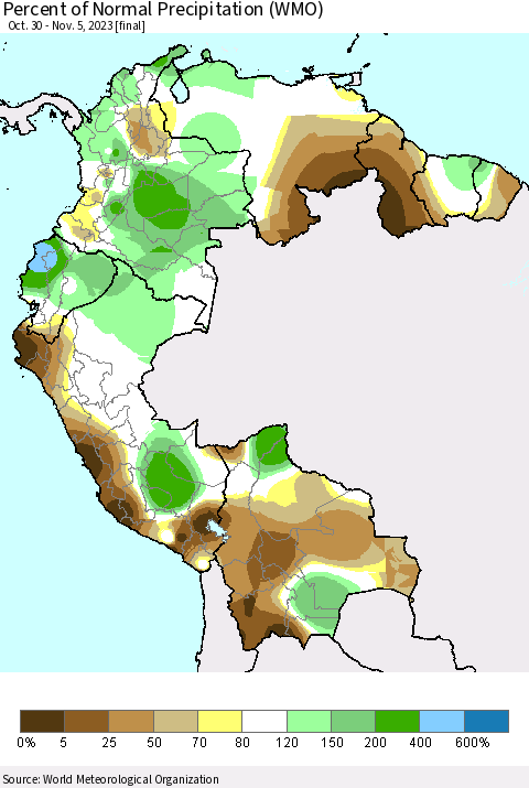 Northern South America Percent of Normal Precipitation (WMO) Thematic Map For 10/30/2023 - 11/5/2023