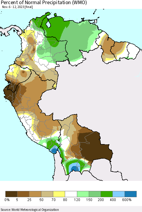 Northern South America Percent of Normal Precipitation (WMO) Thematic Map For 11/6/2023 - 11/12/2023