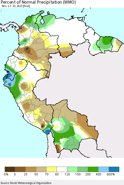 Northern South America Percent of Normal Precipitation (WMO) Thematic Map For 11/13/2023 - 11/19/2023