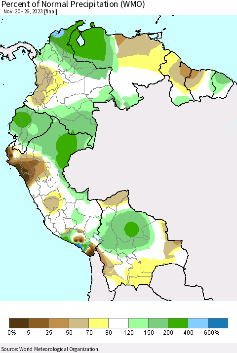 Northern South America Percent of Normal Precipitation (WMO) Thematic Map For 11/20/2023 - 11/26/2023