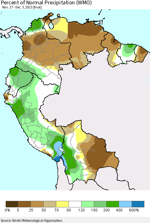 Northern South America Percent of Normal Precipitation (WMO) Thematic Map For 11/27/2023 - 12/3/2023