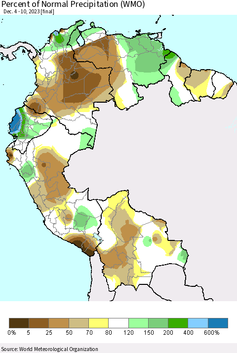 Northern South America Percent of Normal Precipitation (WMO) Thematic Map For 12/4/2023 - 12/10/2023